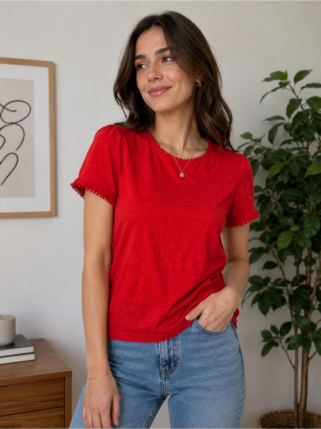 Boden Red Short Sleeve Tee With Scalloped Trim